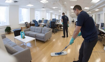  clean office, professional team of window and floor cleaning service workers in dark navy polo shirts and pastel teal gloves vacuuming white floors