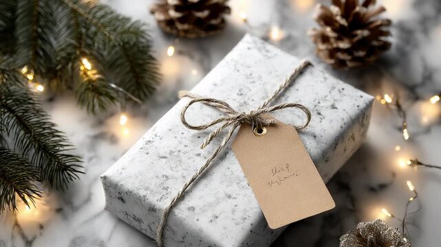 Elegant Christmas Gift Wrapped in Marble Paper with Twine, Tag, Pine Cones, and Fairy Lights on a Marble Surface.