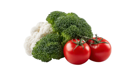 Fresh broccoli, cauliflower, and tomato arranged together, showcasing vibrant colors and healthy, organic vegetables for nutritious diet and vegetarian meal inspiration