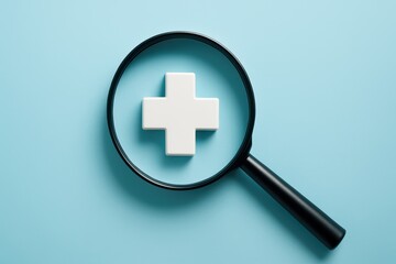 Fototapeta premium Healthcare magnifying glass examines medical symbol in modern workspace blue background focused view