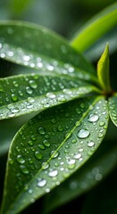 Close-up of vibrant green leaves with water droplets after rain, showcasing freshness and natural beauty in a detailed macro shot