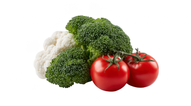 Fresh broccoli, cauliflower, and tomato arranged together, showcasing vibrant colors and healthy, organic vegetables for nutritious diet and vegetarian meal inspiration