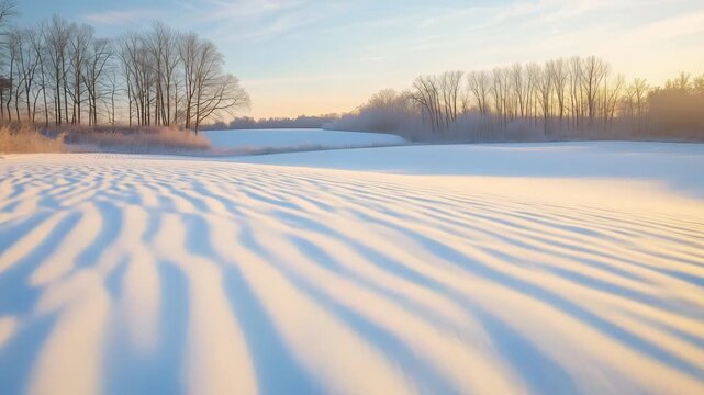 Sunrise illuminates a snow covered field, creating beautiful patterns and lighting as trees stand in the background