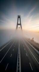 A modern suspension bridge extending into the foggy horizon during sunrise with a clear sky and empty roadways for vehicles and pedestrians
