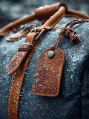 Close-up of a leather luggage tag and strap on a snow-dusted textile duffel bag, suggesting a rugged winter journey