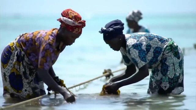 Livelihood in Zanzibar: Hard-Working Female Farmers in Colorful Dress Working on Seaweed Plantation at Tropical Beach.