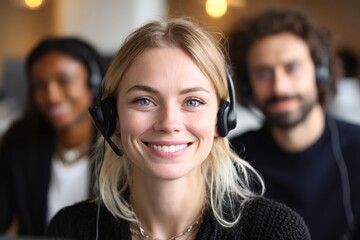 Smiling woman with headset in a modern office environment, engaged in customer service, with colleagues in the background, showcasing teamwork and communication skills
