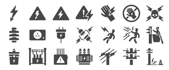 High voltage solid icon set. It includes electricity, electric, transmission line, tower, insulator and more icons.