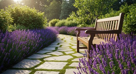 A wooden bench sits in a garden with lavender plants, surrounded by a stone path and lush greenery.