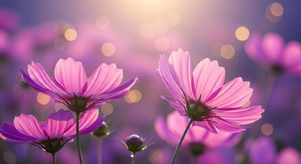 Two pink flowers with purple centers in a field of purple flowers with a blurred background.