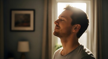 A young man enjoying a moment of relaxation with eyes closed and a peaceful expression in a warmly lit indoor setting during daytime