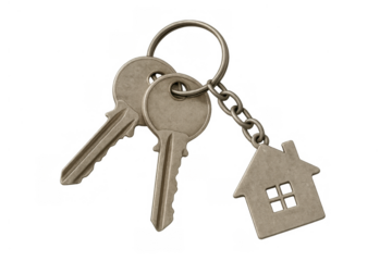 House keys with home shape keychain representing real estate, mortgage, new property, and smart home security