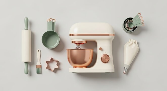 Baking Essentials Flat Lay with Stand Mixer and Utensils on a Light Background.