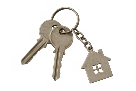 House keys with home shape keychain representing real estate, mortgage, new property, and smart home security