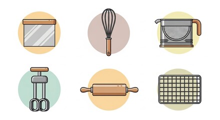 Baking tools illustration, colorful kitchen utensils, cooking equipment set.