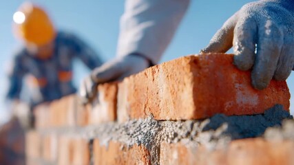 Bricklaying Precision: A skilled craftsman meticulously places a red brick on a freshly laid course, with another worker blurred in the background, showcasing the art and precision of construction.