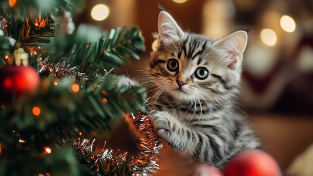 A playful kitten interacts with Christmas tree decorations and tinsel while celebrating the winter holiday season