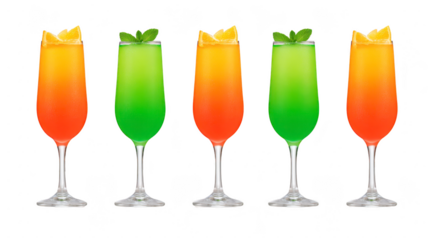 Colorful cocktail glasses with vibrant orange, green, and red layered drinks, garnished with lemon slices and mint leaves, create festive and refreshing party atmosphere