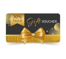 A gift voucher template with a gold realistic ribbon. Design an invitation, certificate, gift coupon, ticket or voucher. Vector illustration.