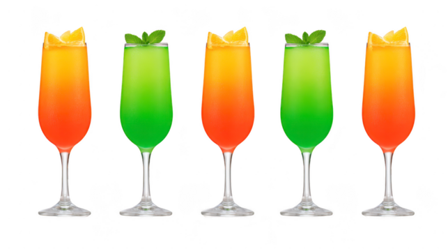 Colorful cocktail glasses with vibrant orange, green, and red layered drinks, garnished with lemon slices and mint leaves, create festive and refreshing party atmosphere
