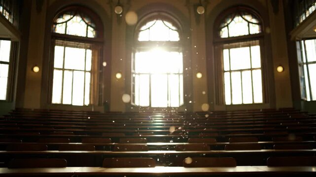 Empty lecture hall with light streaming through windows, academic and education setting, university. Study, school, and classroom concept.