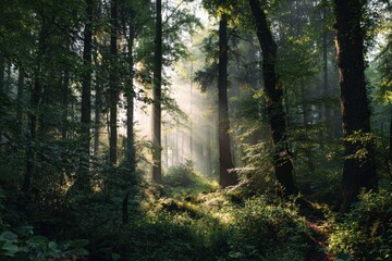 Fototapeta premium Sunlight filters through dense trees in a tranquil forest, illuminating the lush greenery and creating a serene atmosphere, perfect for nature lovers and outdoor enthusiasts