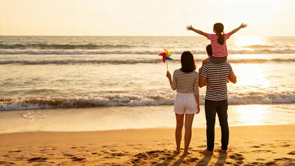 Family enjoying a sunny beach vacation, with a child on shoulders and a colorful pinwheel, at sunset by the ocean waves