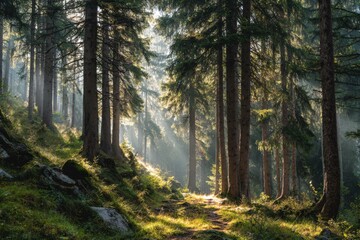 Obraz premium Sunlight streaming through tall trees in a serene forest, illuminating a winding path covered with lush green grass and scattered stones, creating a tranquil natural atmosphere
