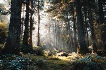Obraz premium Enchanting forest scene with tall trees illuminated by soft sunlight, creating a serene atmosphere filled with lush greenery and vibrant foliage, inviting exploration and tranquility