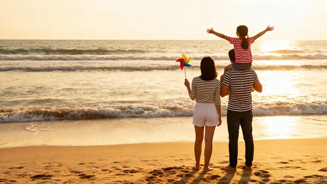 Family enjoying a sunny beach vacation, with a child on shoulders and a colorful pinwheel, at sunset by the ocean waves
