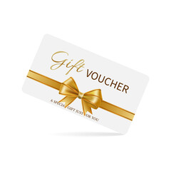 A gift voucher template with a gold realistic ribbon.  Design an invitation, certificate, gift coupon, ticket or voucher. Vector illustration.