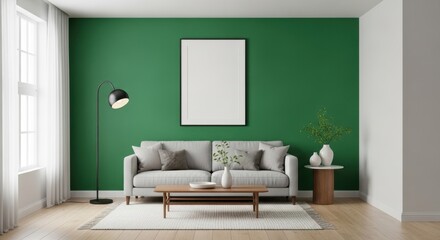 Modern minimalist living room with green accent wall and stylish decor design