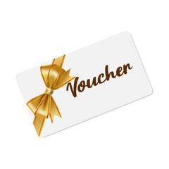 A gift voucher template with a gold realistic ribbon.  Design an invitation, certificate, gift coupon, ticket or voucher. Vector illustration.