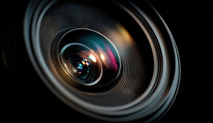 Close-up view of a professional camera lens showcasing intricate details, reflections, and textures, emphasizing the art of photography and capturing moments with precision and clarity