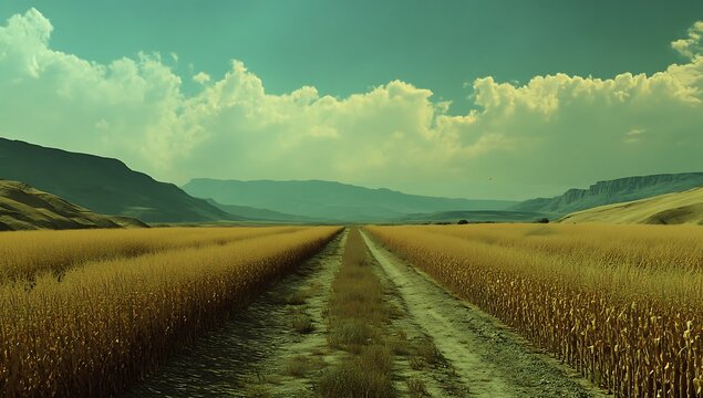 Wide dirt road through golden cornfield under cloudy teal sky with distant mountains agriculture rural