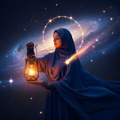 A woman dressed in a flowing blue gown holding a lantern with a cosmic background and glowing halo effect around her head, creating a mystical and celestial atmosphere