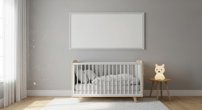 Minimalist nursery with a white cribs and cozy decor in a softly lit modern room