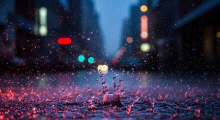 Close-up of water splashing on a wet street during rainy weather at night with colorful bokeh lights in the background