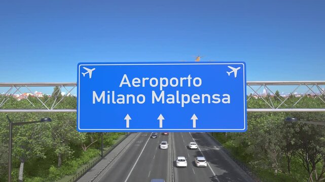 Blue motorway sign for Milan Malpensa Airport with an airliner flying above along the road toward the airport