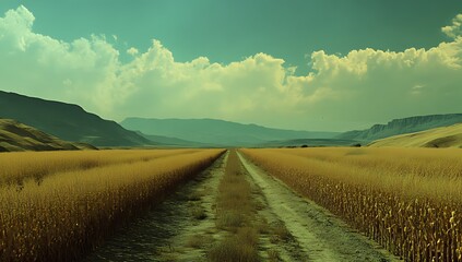 Obraz premium Wide dirt road through golden corn fields under a cloudy teal sky with distant mountains agriculture