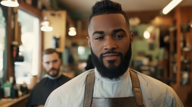Portrait of smiling barber wearing apron in barbershop with customer in background