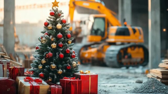 Christmas tree with gifts celebrating holidays at construction site with excavator in background