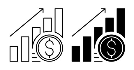 Linear icon. Dollar coin is rolling against the backdrop of a rising stock market chart. Simple vector isolated on white background