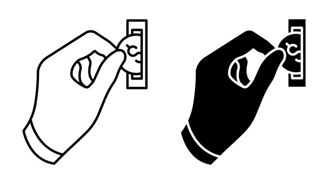 Linear icon. Consumer deposits US dollar coin and tops up balance of a bank card via a coin acceptor banking terminal. Simple vector isolated on white background