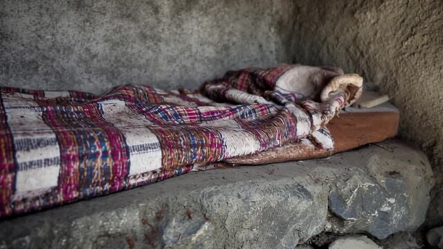 Old stone shelter with worn blanket on rough bed showing poverty harsh living conditions abandoned place survival struggle hardship scene highlighting poor housing reality and difficult life situation