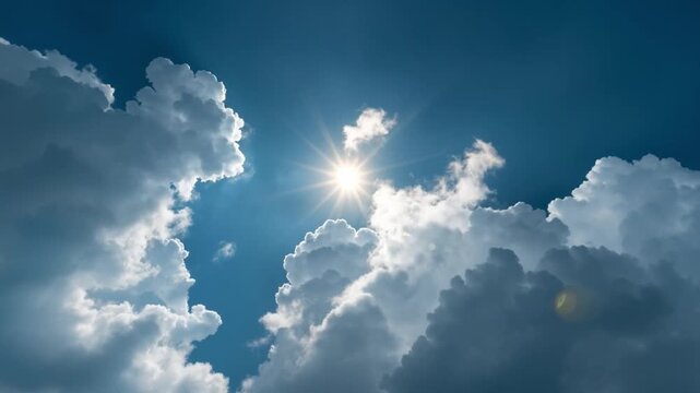 Sky's Embrace: A radiant sun, bursting forth from the embrace of fluffy clouds in a boundless blue expanse, radiates warmth and optimism. 
