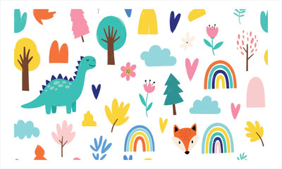 Playful vector illustration of a charming children's seamless pattern with a cute dinosaur, fox, trees, flowers, and rainbows, ideal for nursery wallpaper and textile designs