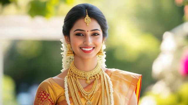Beautiful indian bride smiling, wearing gold jewelry and traditional dress