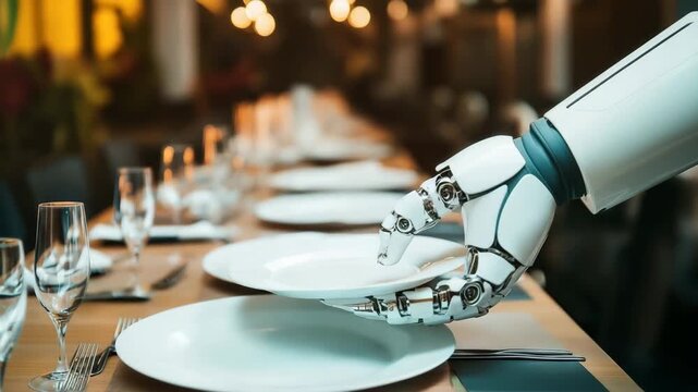 Robotic arm serving a plate in a restaurant, showcasing the future of automated hospitality