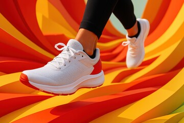Running Shoes in Vibrant Abstract Motion. Concept of energy, speed and joyful movement shown through swirling colorful shapes, adding a lively emotional boost to the scene.